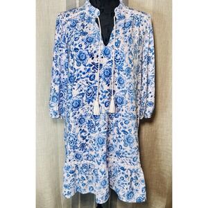 Crown & Ivy Blue & White Floral Peasant Dress Medium Tassels Ruffle Stretch NWT